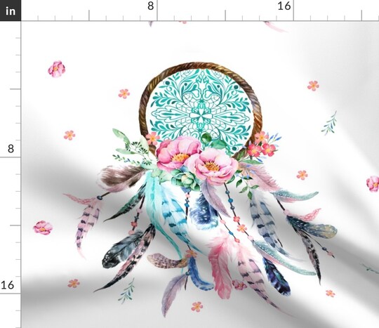 Aqua & Pink Dream Catcher Boho Floral Flowers Custom Printed Fabric by Spoonflower Various Fabrics by the Yard or Fat Quarter